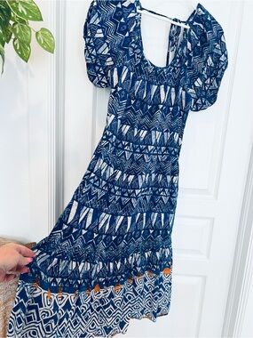 Knox Rose Dress Blue Abstract Flowy Maxi Prairie Cottagecore Boho Peasant Sz XS